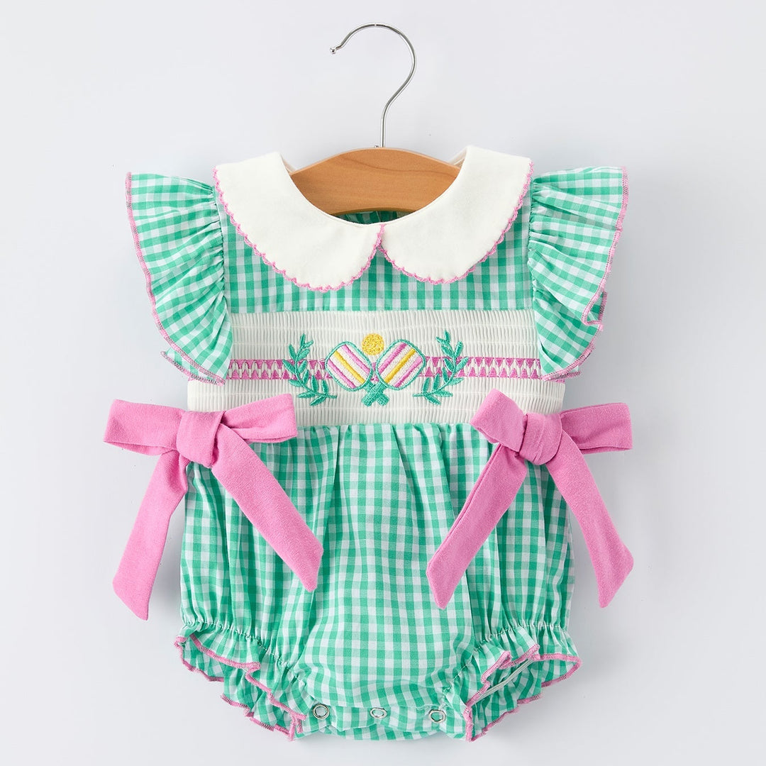 Pickleball Bow Ruffle Smocked Green Romper