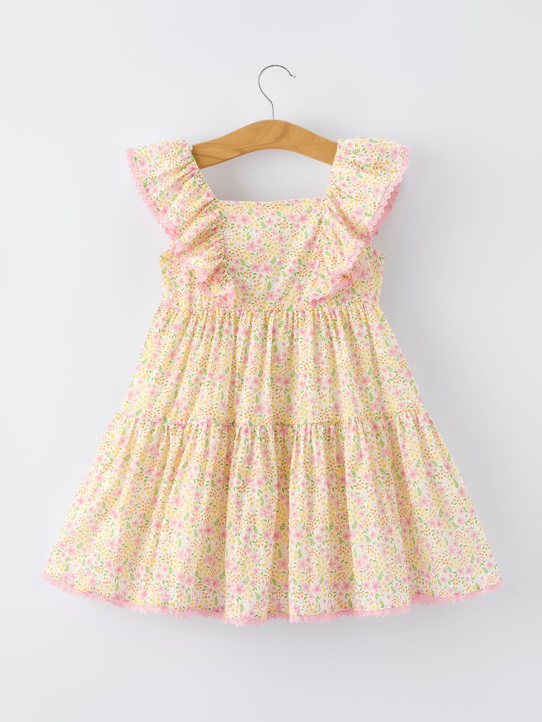 Floral Ruffle Dress With Bow Straw Hat Set