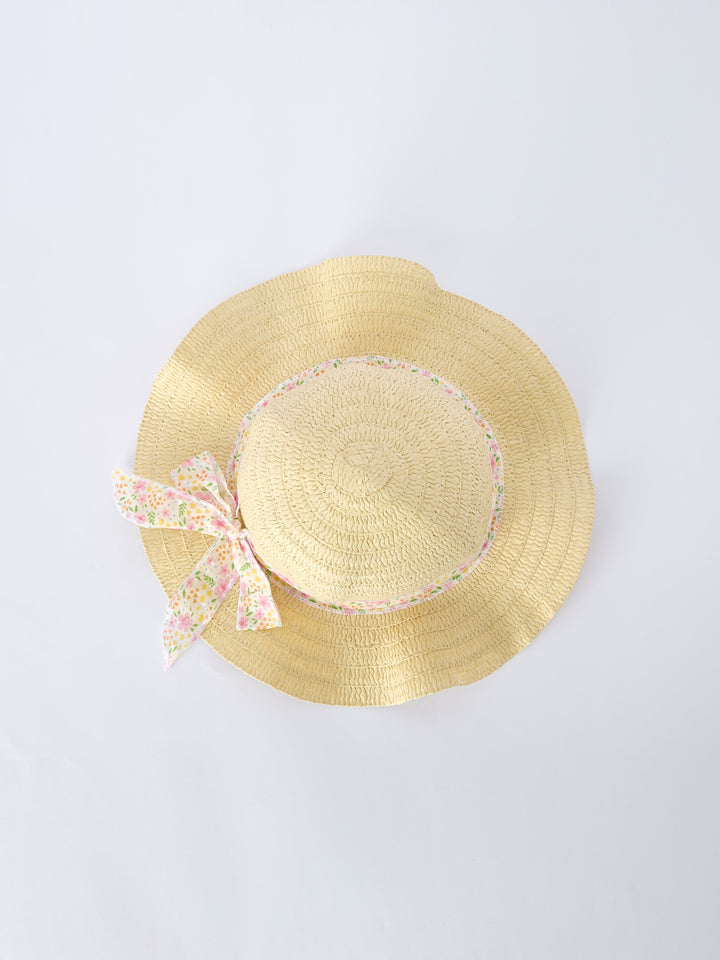 Floral Ruffle Dress With Bow Straw Hat Set