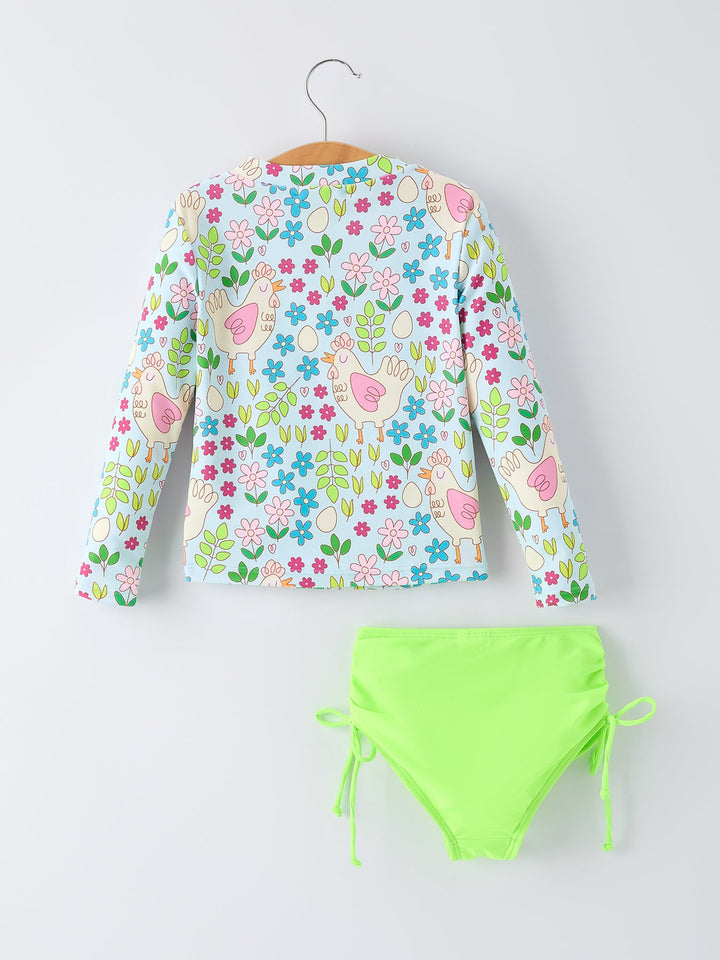Summer Chicken Print Long Sleeve Swim Set