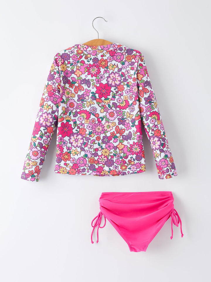 Hot Pink Floral Long-Sleeved Swimsuit Set