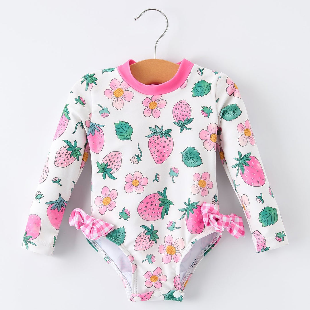 Strawberry Print Long Sleeve One Piece Swimsuit