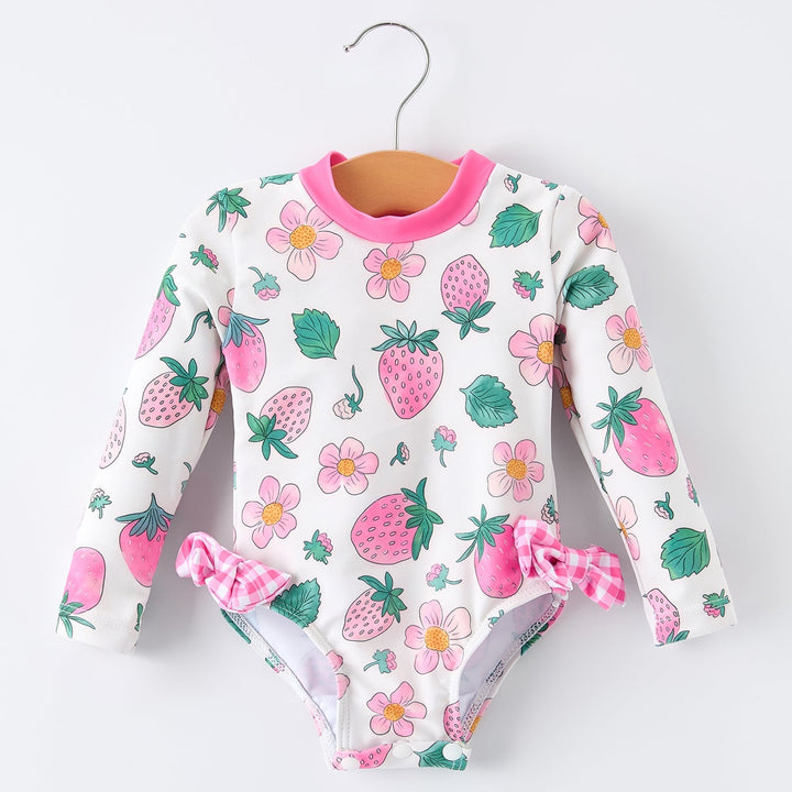 Strawberry Print Long Sleeve One Piece Swimsuit