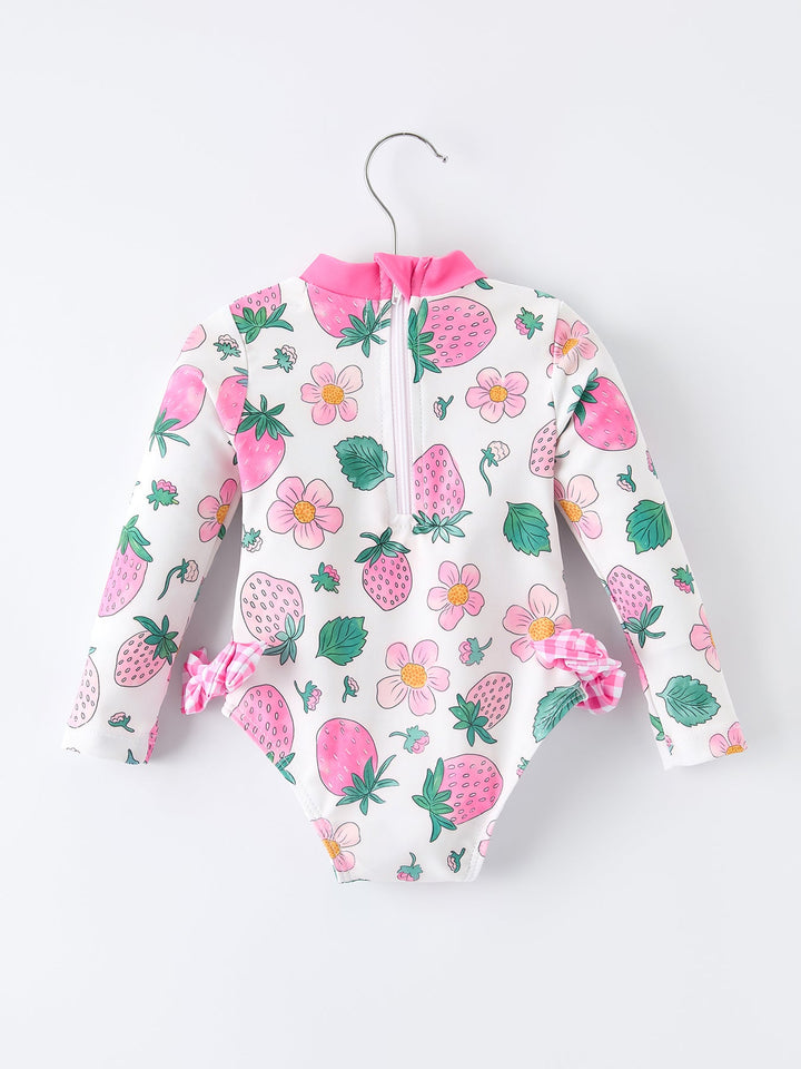 Strawberry Print Long Sleeve One Piece Swimsuit