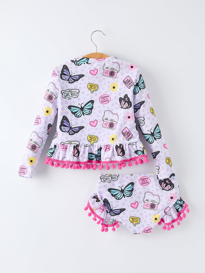 Butterfly Long Sleeve Ruffle Swimsuit Set