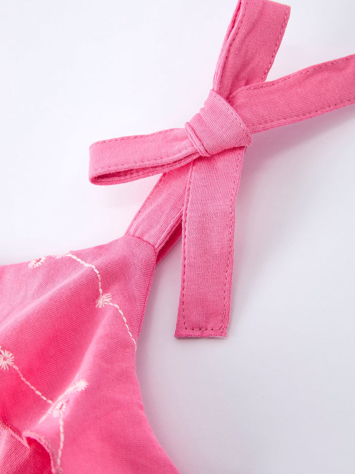 Pink Bow Strap Ruffle Dress