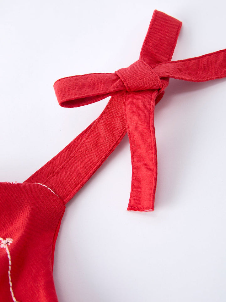 Red Bow Strap Ruffle Dress