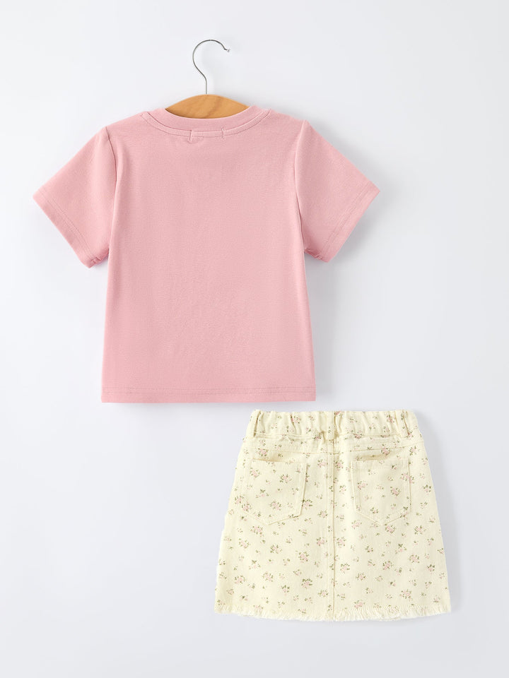 Pink Flower Letter Girl Short Sleeve Top Denim Skirt Set