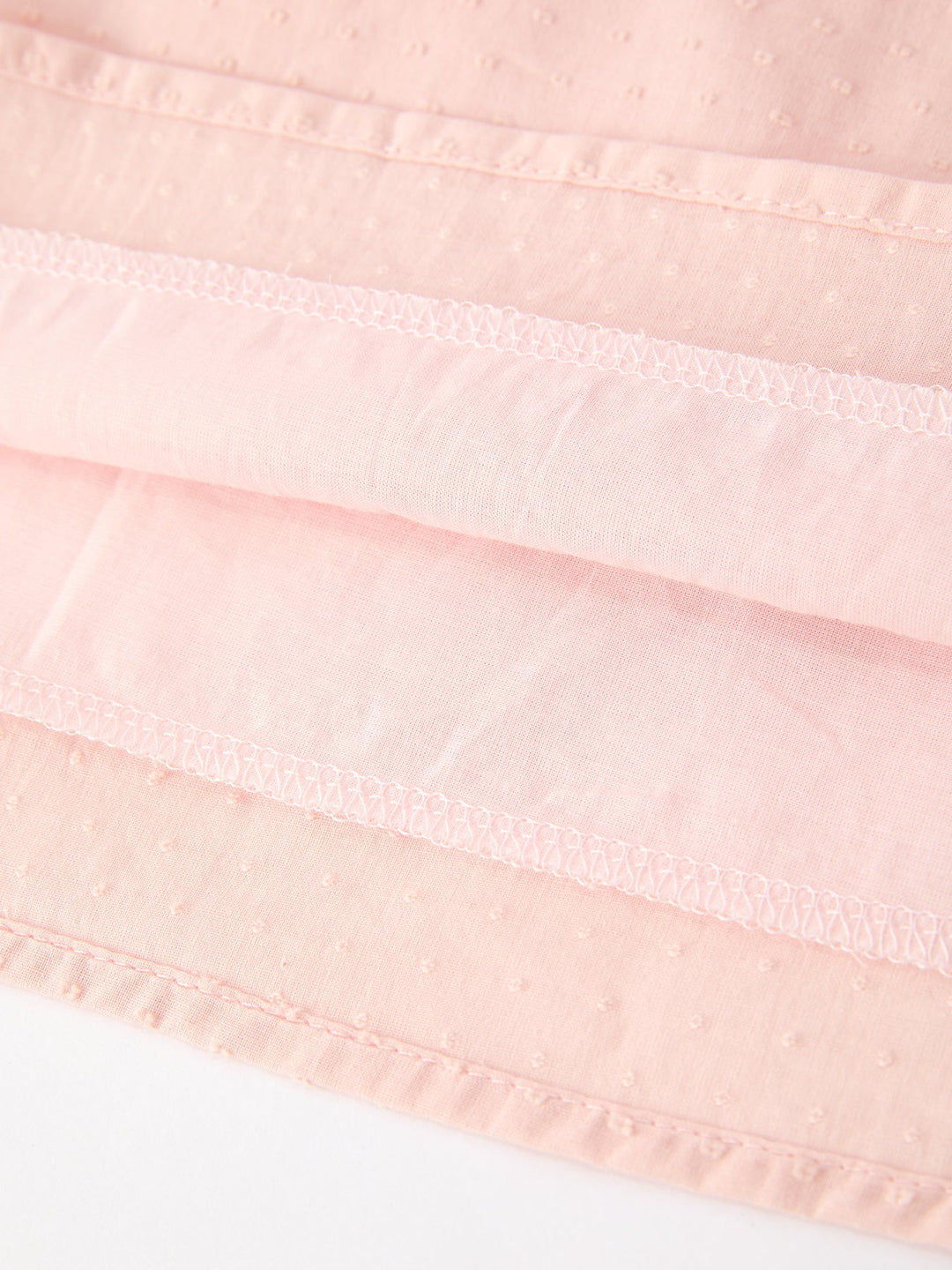 Pink dress hem closeup with layered ruffle and lace trim