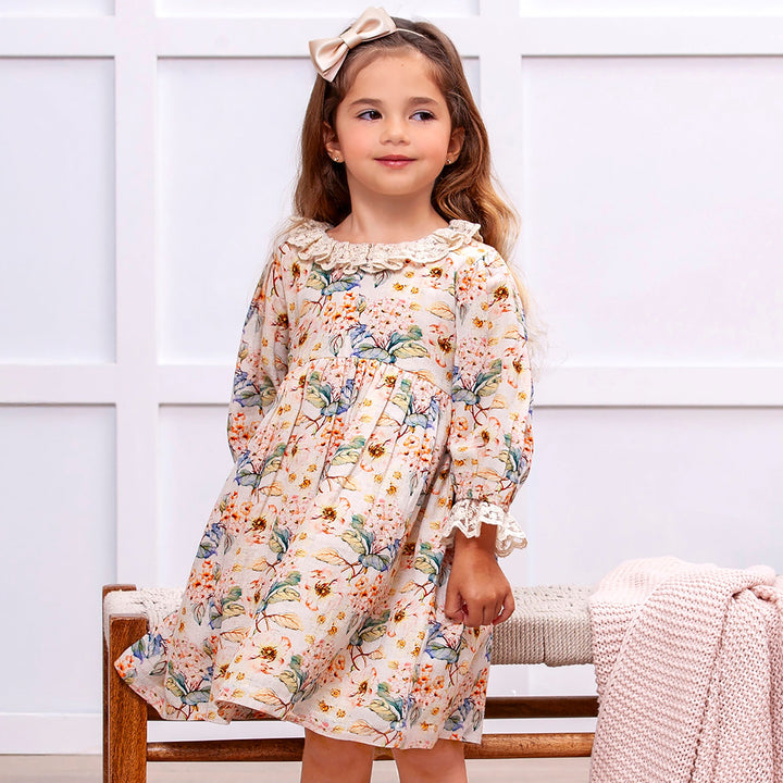 Vintage Floral Linen Dress with Lace Accents