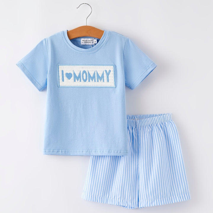 "I ❤ MOMMY" Embroidery Smocking Striped Shorts Set