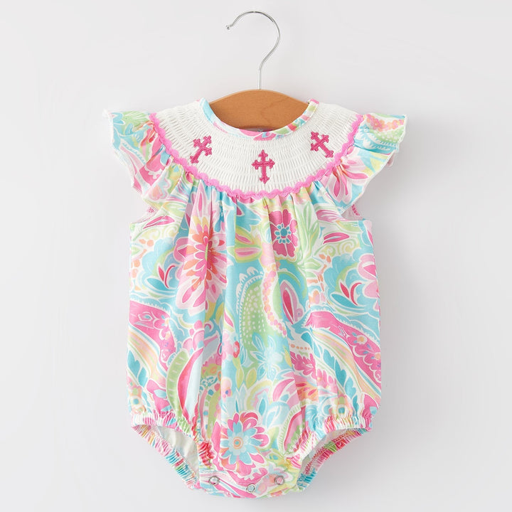 Cross Smocking Embroidered Christening Romper