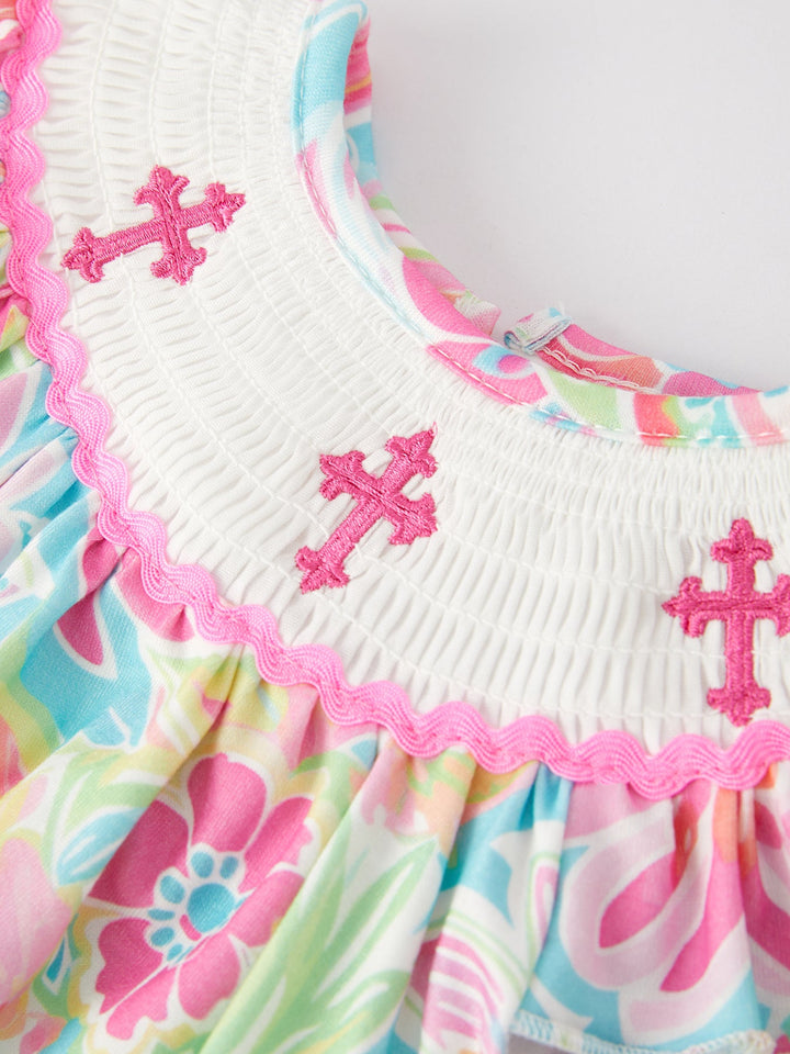 Cross Smocking Embroidered Christening Romper