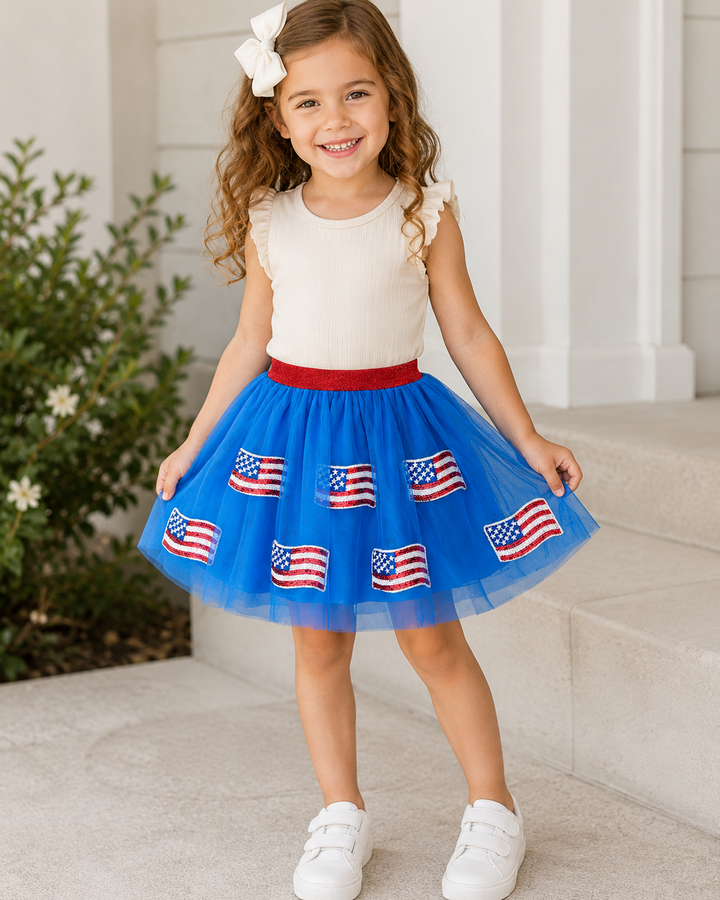 Young girl wearing 4th of July American Flag Girls Tulle Skirt