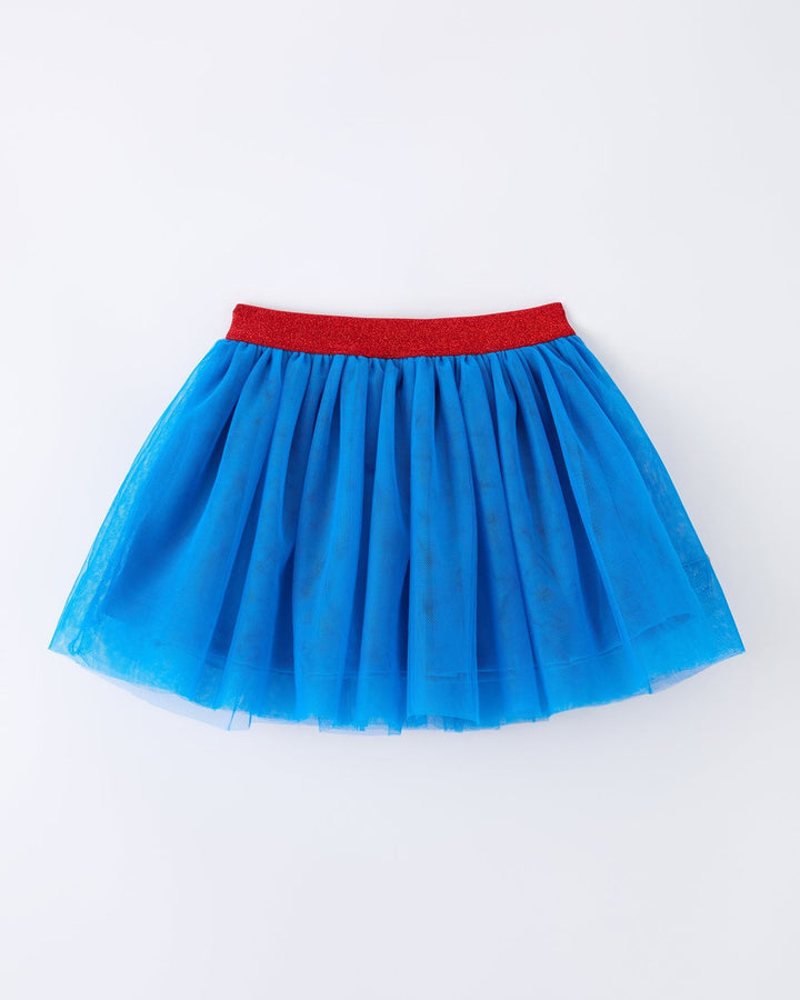 Blue tulle skirt with red waistband on a white background