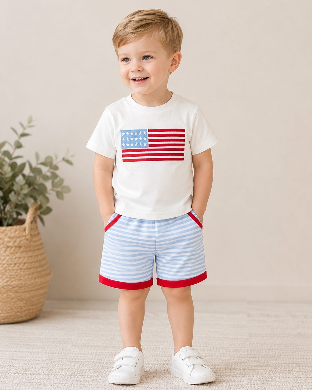 Young boy wearing 4th of July Flag Applique Shorts Set
