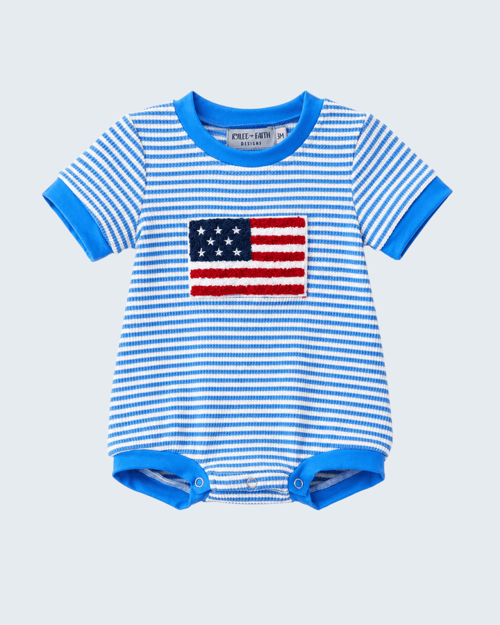 4th of July Flag Chenille Blue Stripe Romper