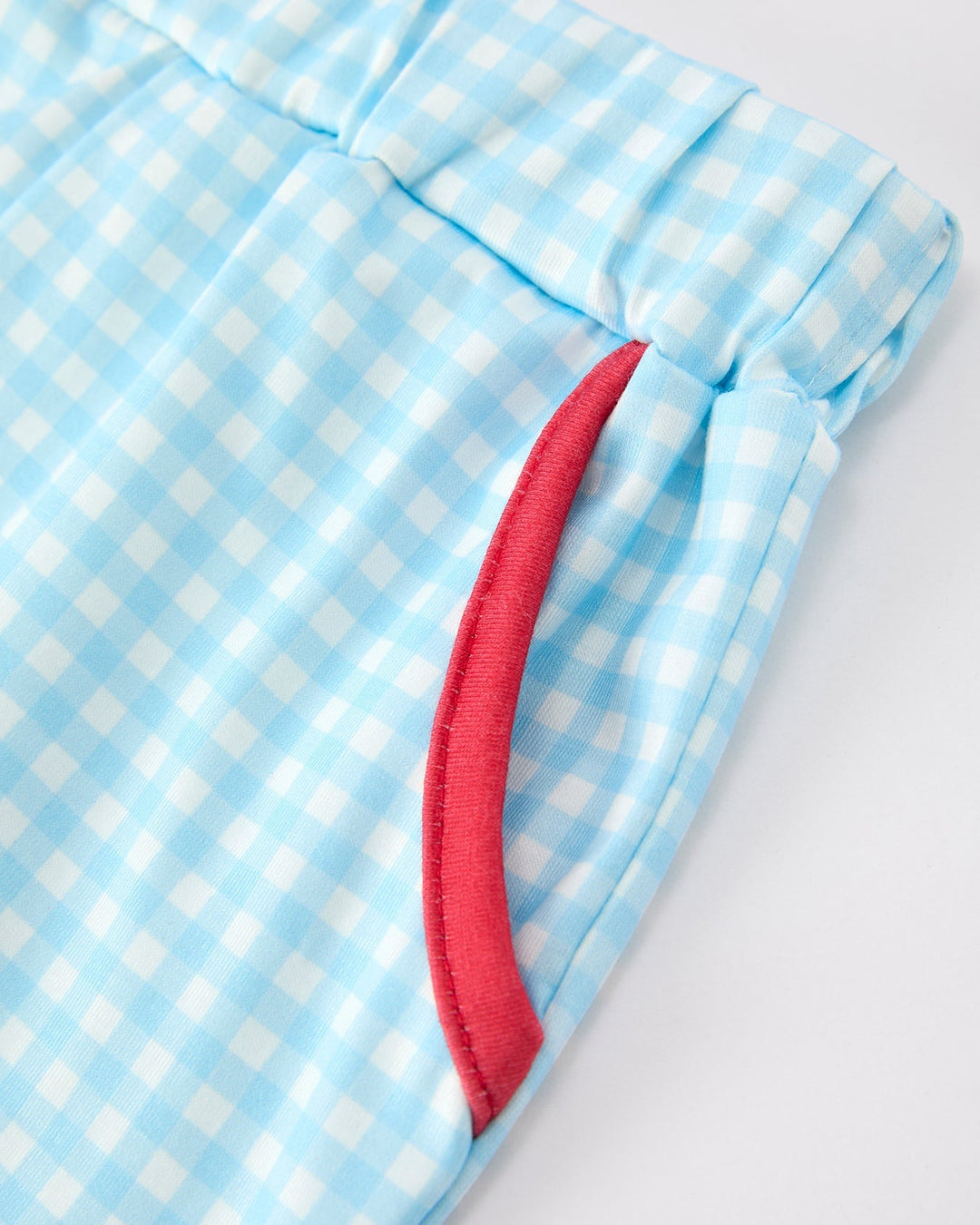 Light blue checkered fabric with a red edge on a light gray background