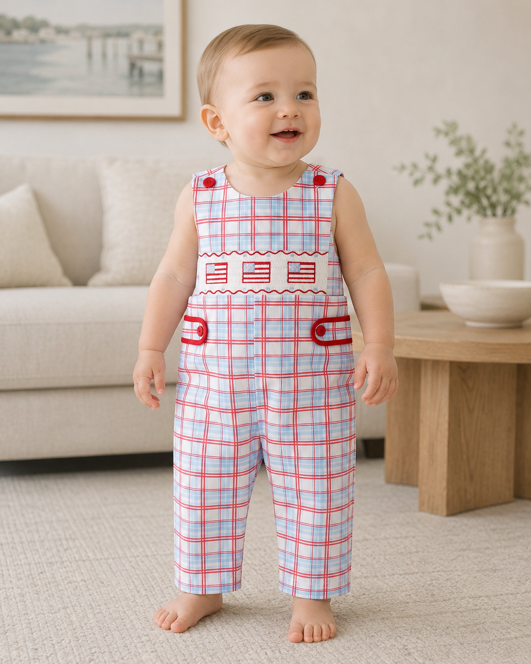 Baby boy in living room wearing 4th of July Flag Plaid Smocked Romper