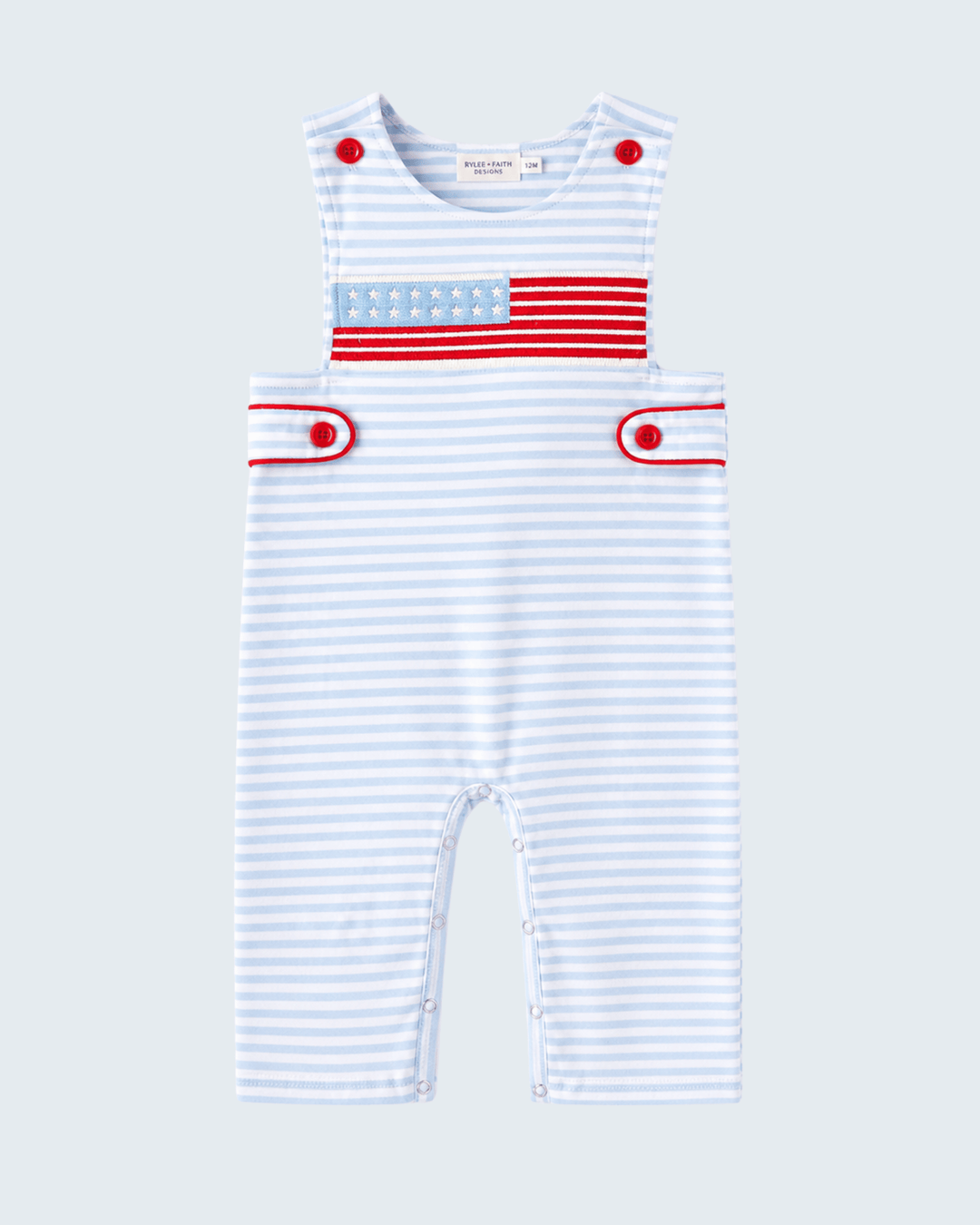 White and blue striped romper with red accents on a light gray background