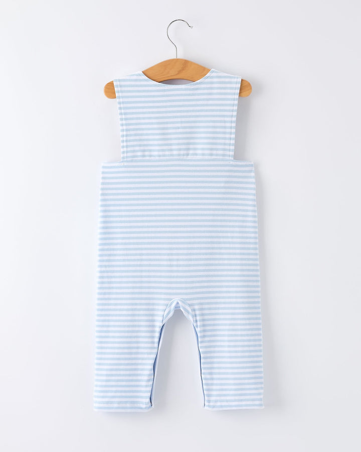 Blue and white striped baby romper on a hanger against a white background
