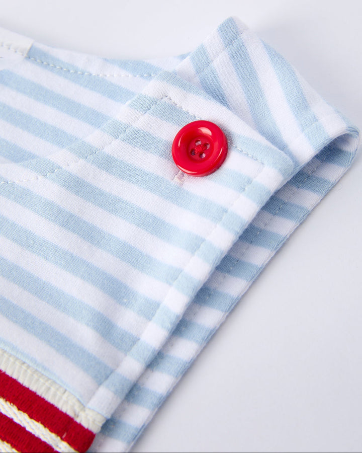 Close-up of a fabric with blue and white stripes and a red button on a light gray background
