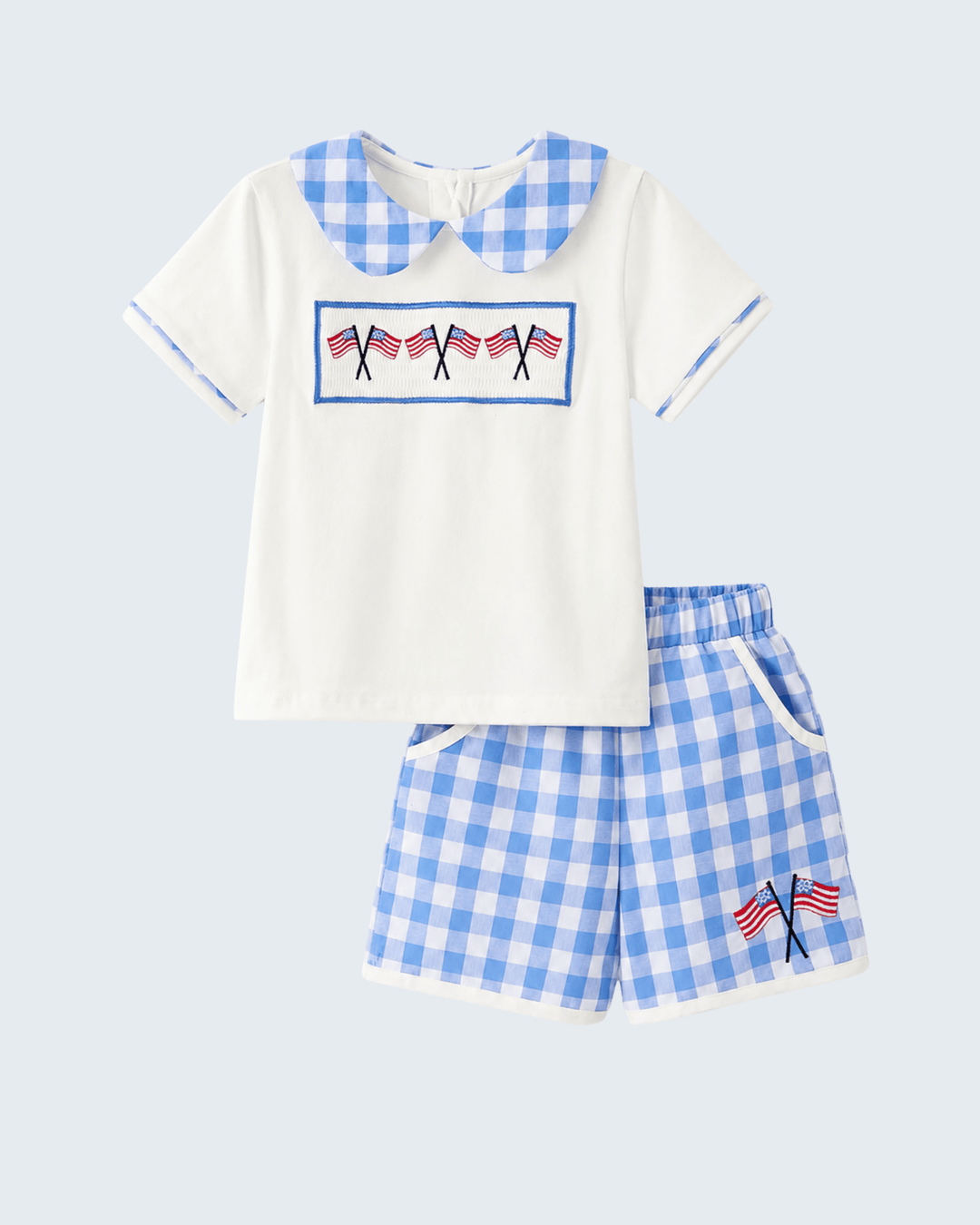 Girls 4th of July Plaid Flag Embroidery Outfit