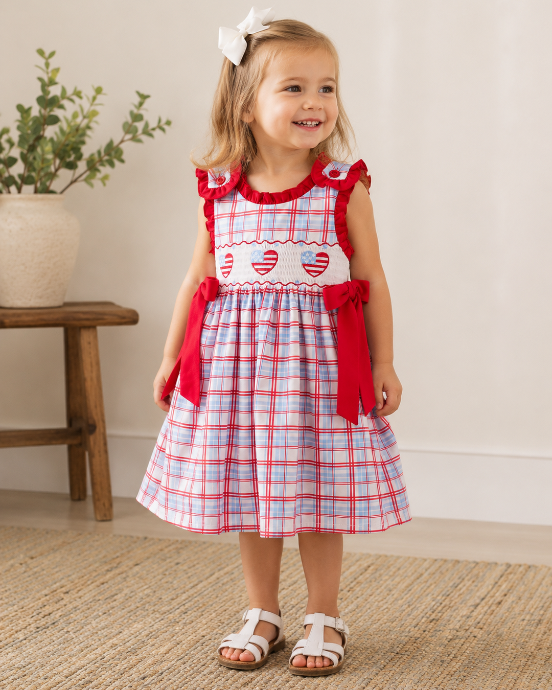 Young girl in living room wearing 4th of July Plaid Flag Heart Dress