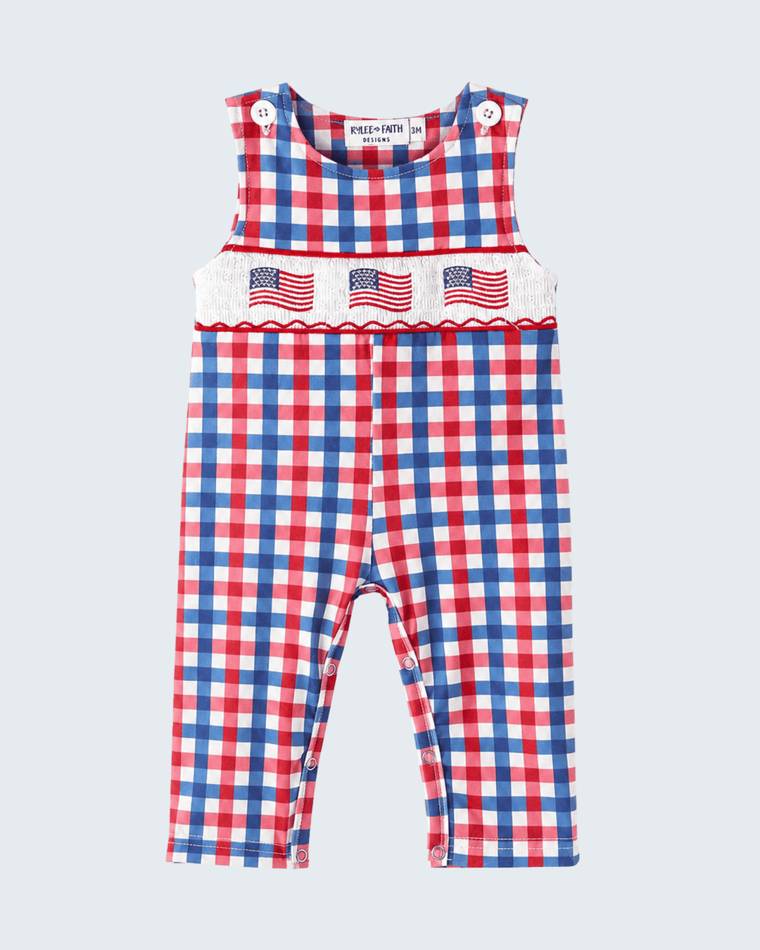 Red, white, and blue checkered overalls with American flag design on a light gray background