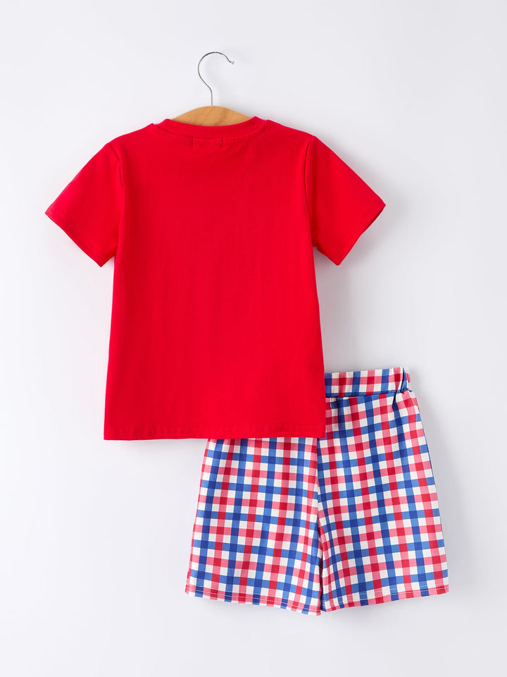 Red t-shirt and red, white, and blue checkered shorts on a hanger against a white background