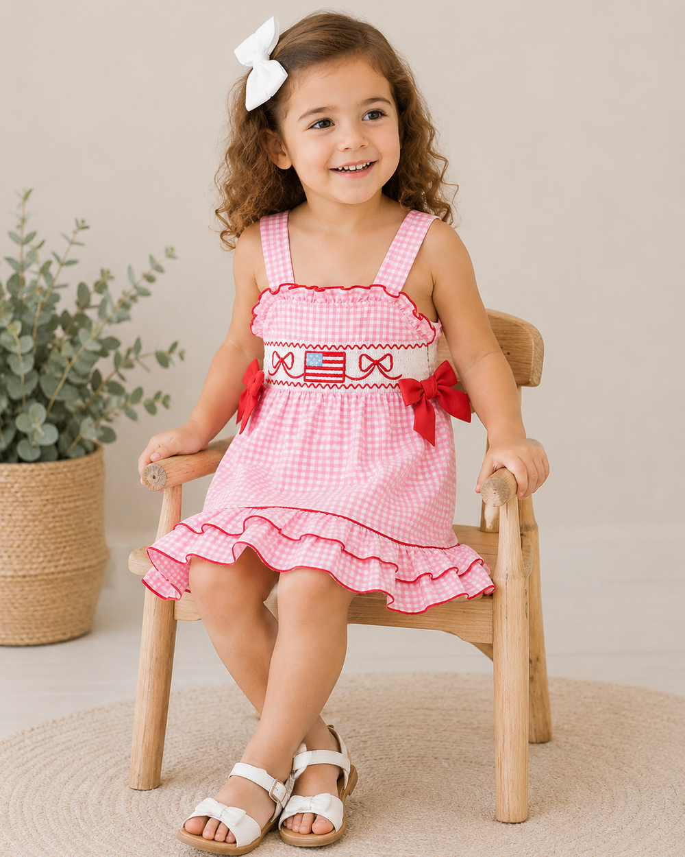 Young girl sitting on chair wearing 4th of July Plaid Ruffle Dress