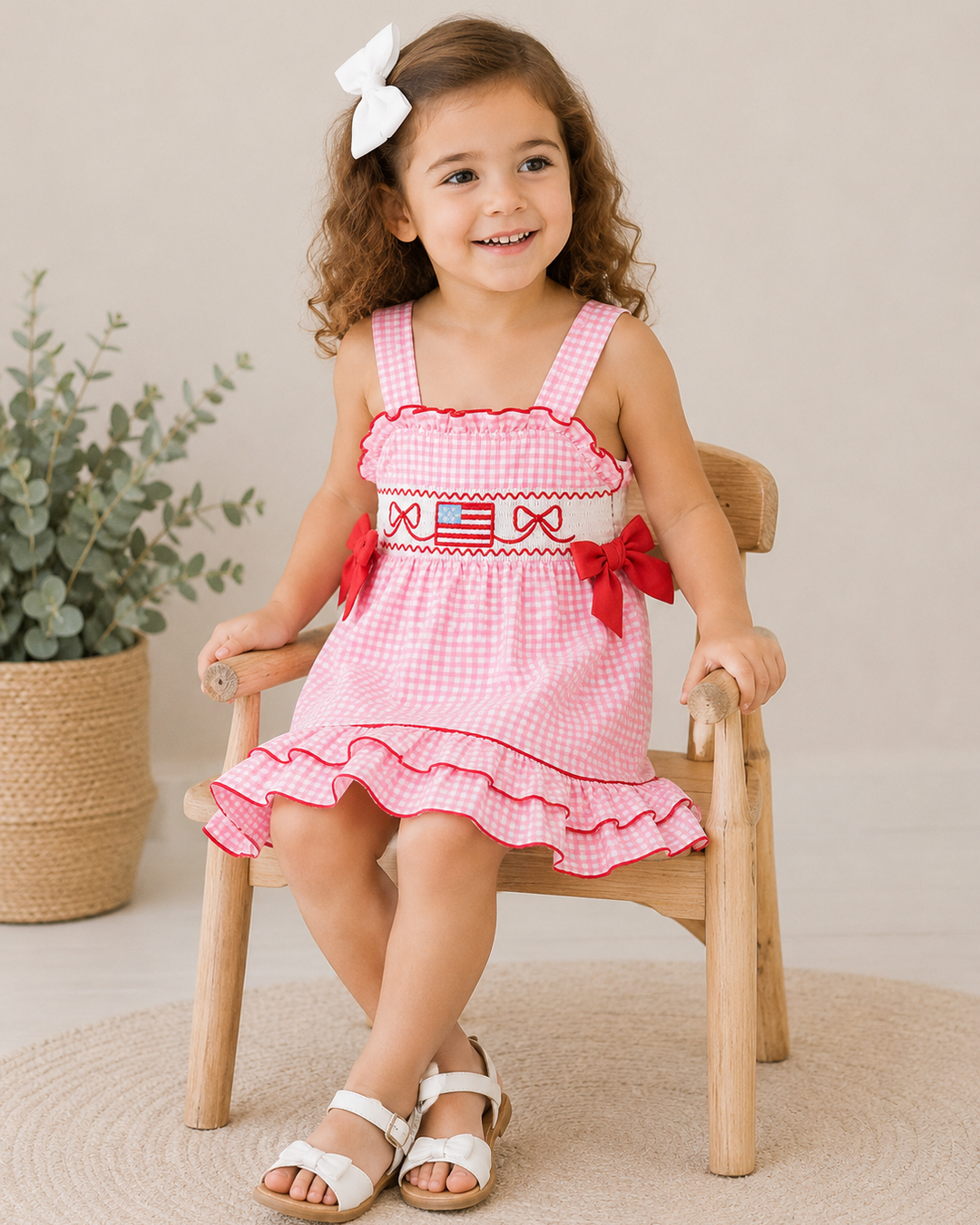 Young girl sitting on chair wearing 4th of July Plaid Ruffle Dress