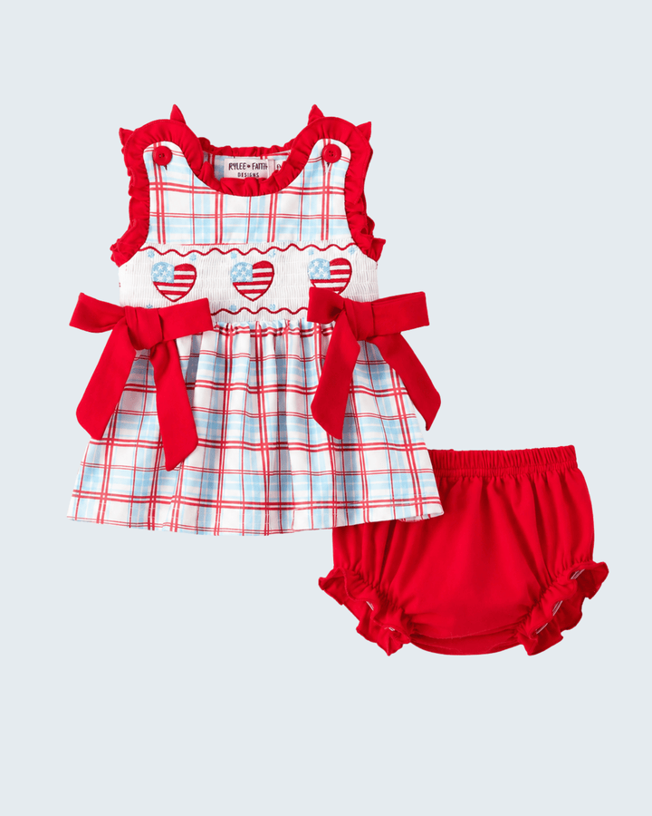 Baby girl 4th of July Plaid Smocked Bloomer Set