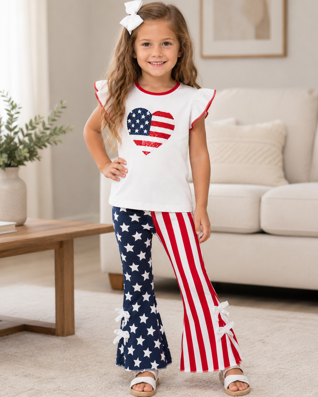 4th of July Star &amp; Stripe Flare Pants girl in living room wearing 