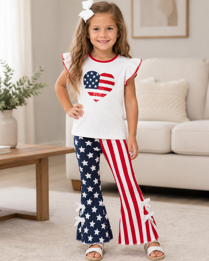 4th of July Star &amp; Stripe Flare Pants girl in living room wearing 