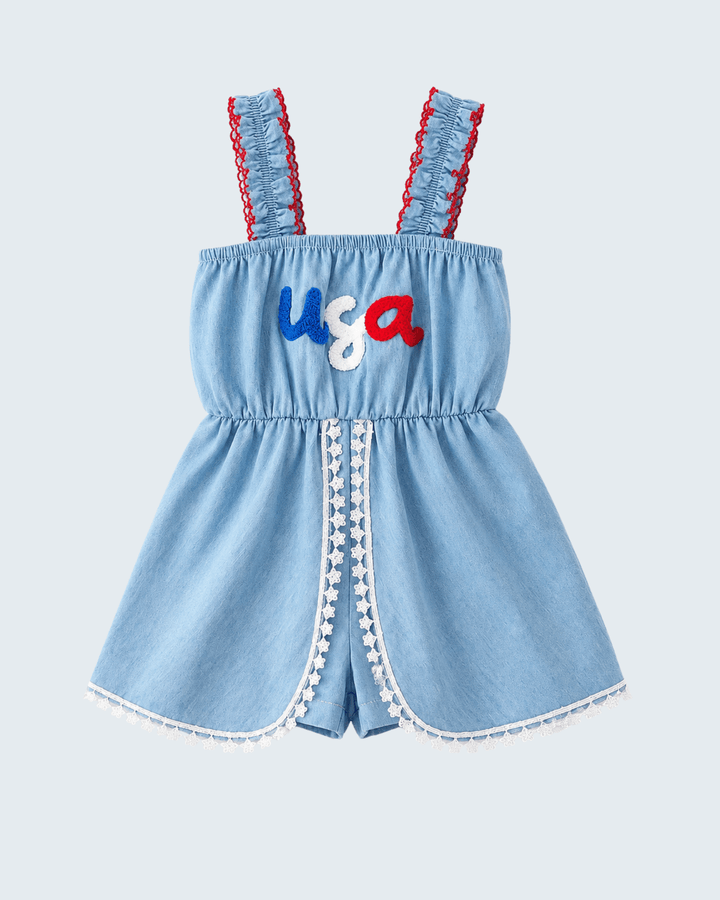 Girls 4th of July USA Chenille Denim Romper Dress