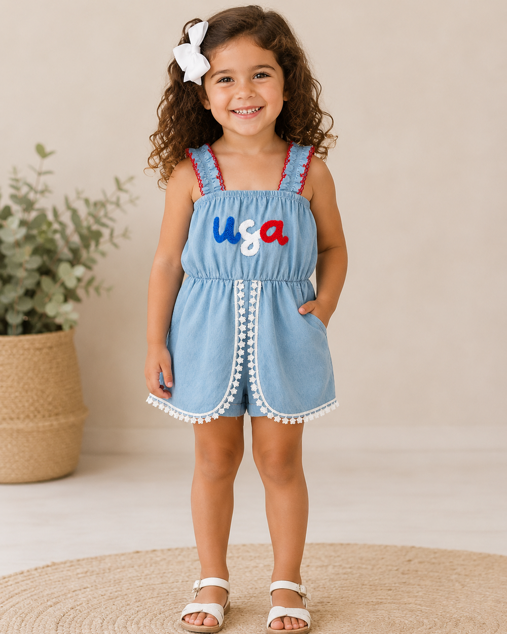 Young girl wearing 4th of July USA Chenille Denim Romper Dress