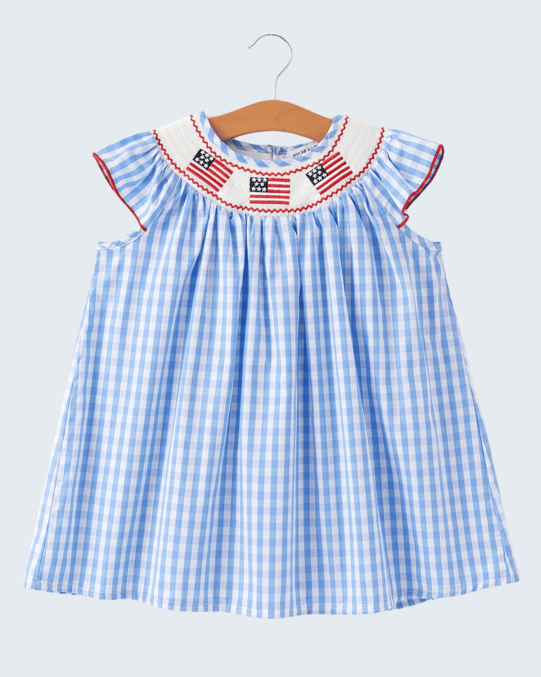 Blue gingham dress with embroidered details on a hanger against a light blue background