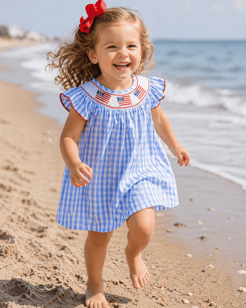 Child in a blue checkered dress with American flag details on a beach