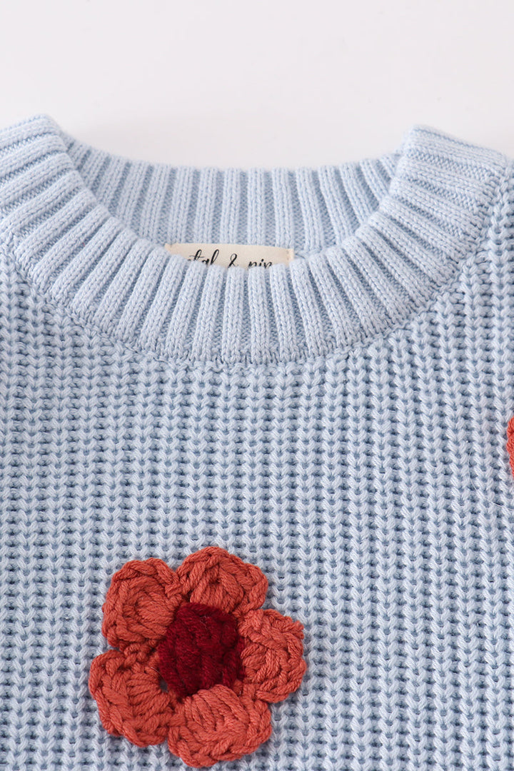 Blue Floral Hand-Embroidered Sweater