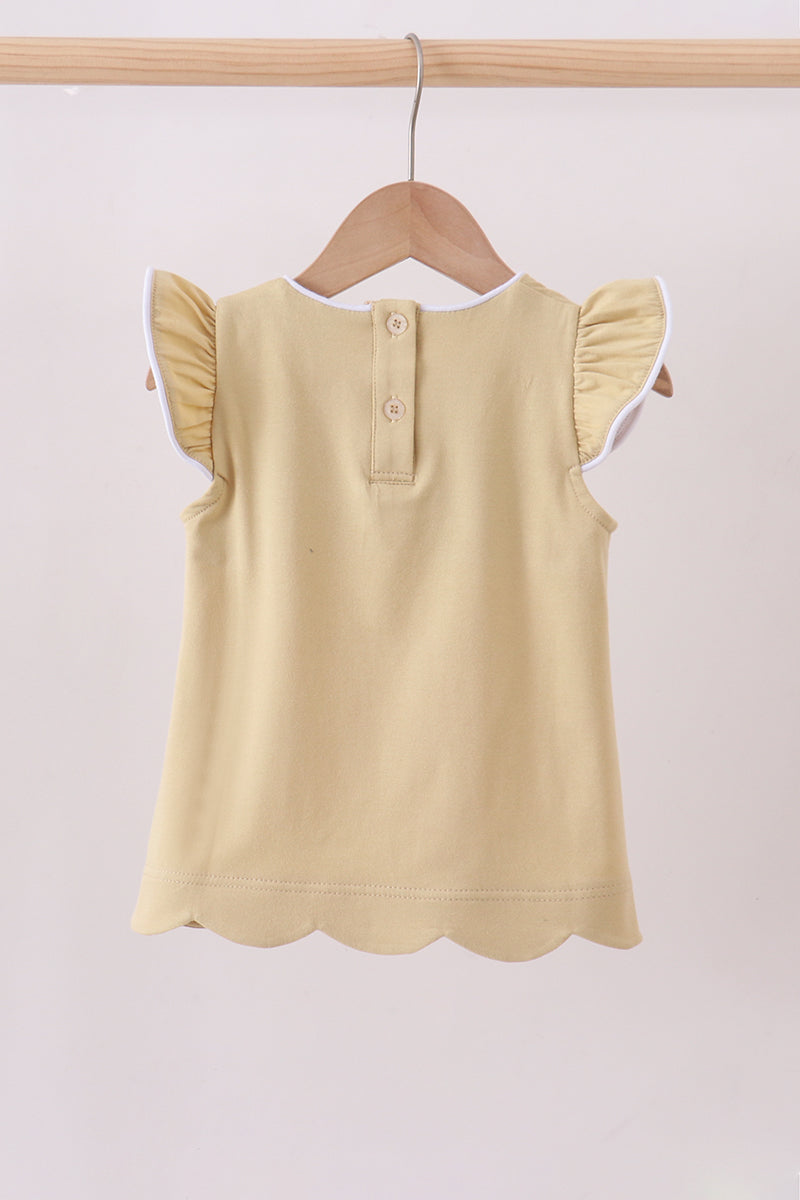 Khaki Flutter Sleeve Scalloped Top