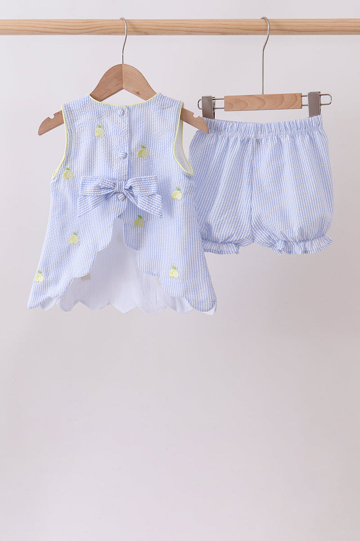 Blue Stripe Seersucker Lemon Embroidered Scalloped Bloomer Set
