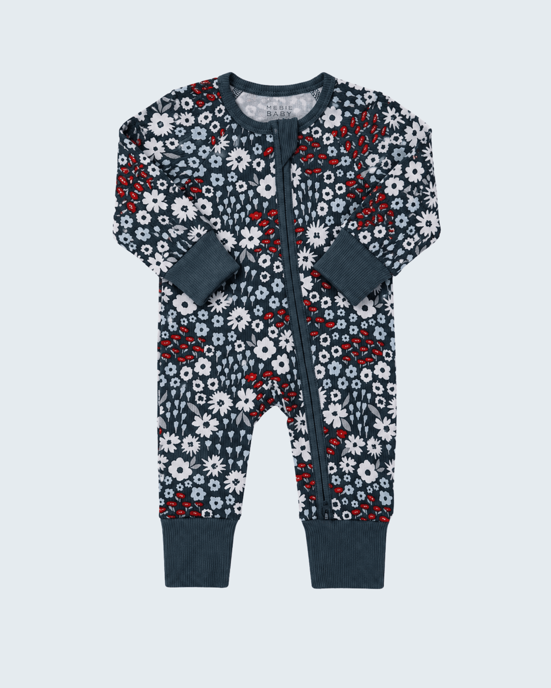Floral ribbed bamboo zipper romper, long sleeves, dark navy with white daisies and red accents