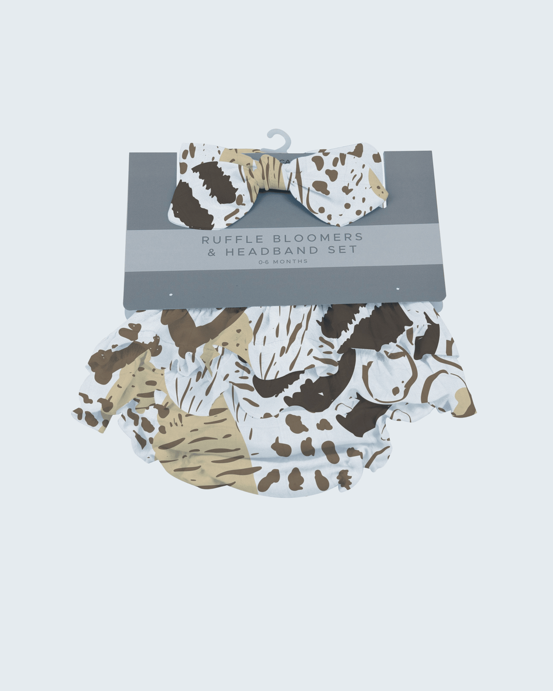 Animal-print ruffle bamboo bloomers and matching headband, brown and white spots