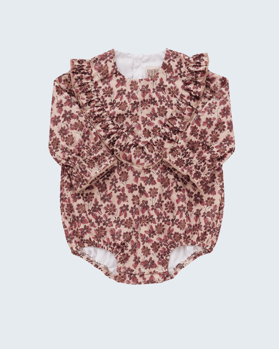 Pink floral bubble romper with ruffled sleeves and gathered neckline