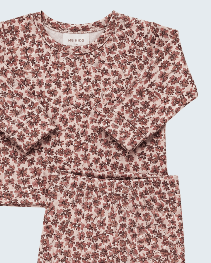 Two-piece cotton pajama set with allover floral print, elastic waist pants and long sleeves