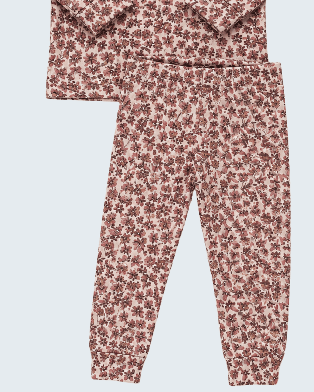 Two-piece cotton pajama set, floral top with gathered neckline and matching cuffed pants