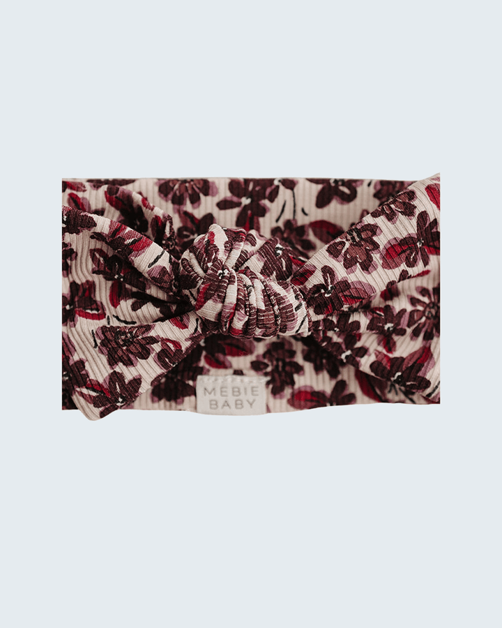 Burgundy and cream floral ribbed bamboo head wrap with gathered knot front