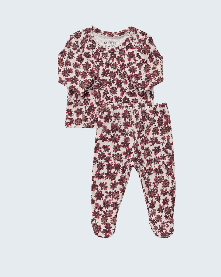 Baby floral long-sleeve top and footed pants set, burgundy and cream