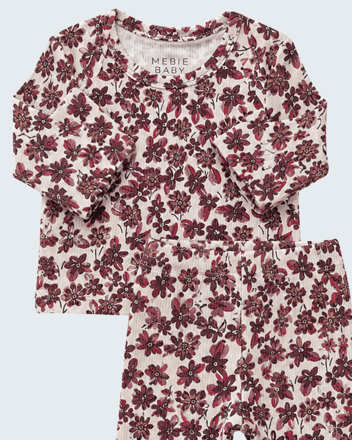 Baby floral pajama set: long-sleeve top and matching pants, burgundy on cream